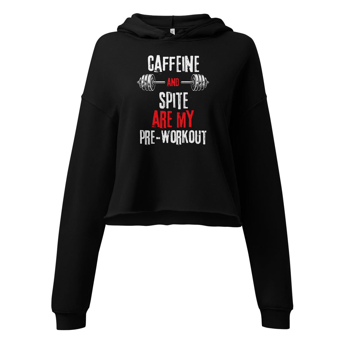 Black women’s cropped hoodie, front view with Caffeine And Spite gym design | The Wandering Manc