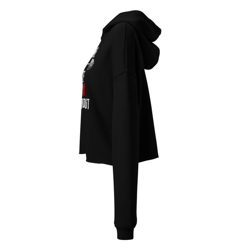 Black women’s cropped hoodie, left-side view with Caffeine And Spite gym design | The Wandering Manc