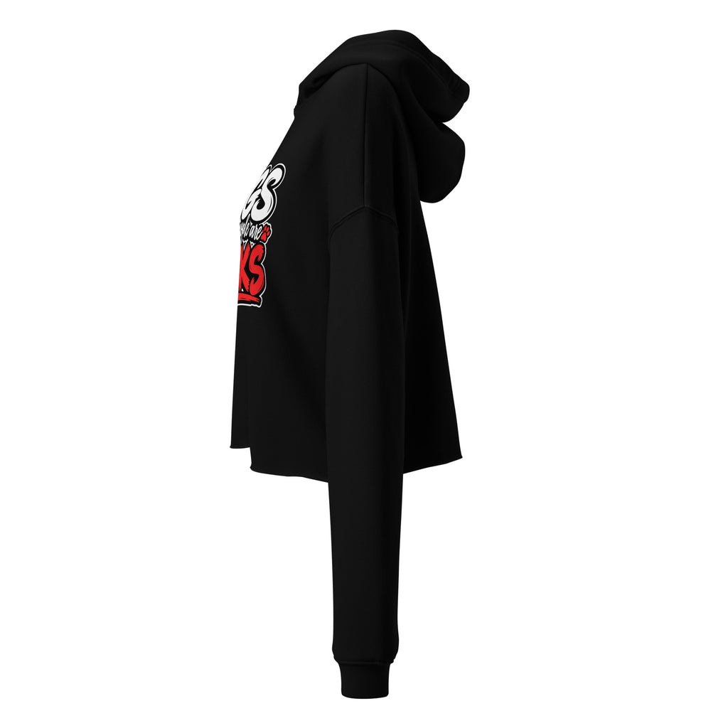 Left-side view of black Dogs Because women's cropped hoodie