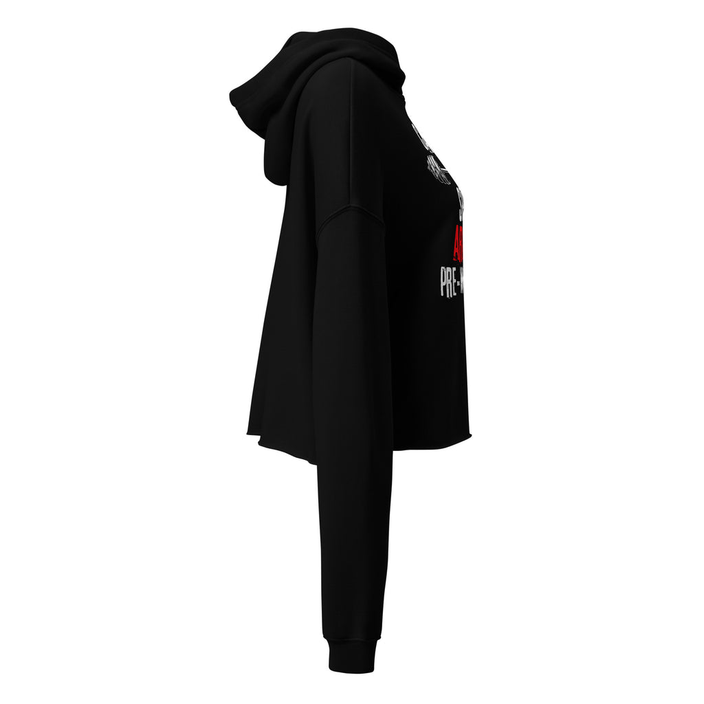 Black women’s cropped hoodie, right-side view with Caffeine And Spite gym design | The Wandering Manc