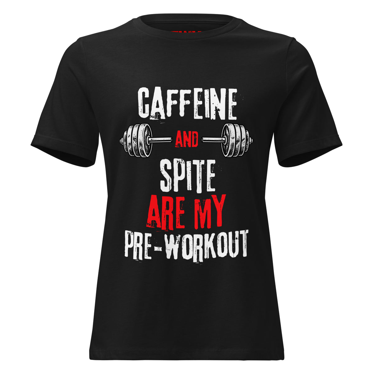 Black women’s relaxed T-shirt, front view with Caffeine And Spite gym design | The Wandering Manc