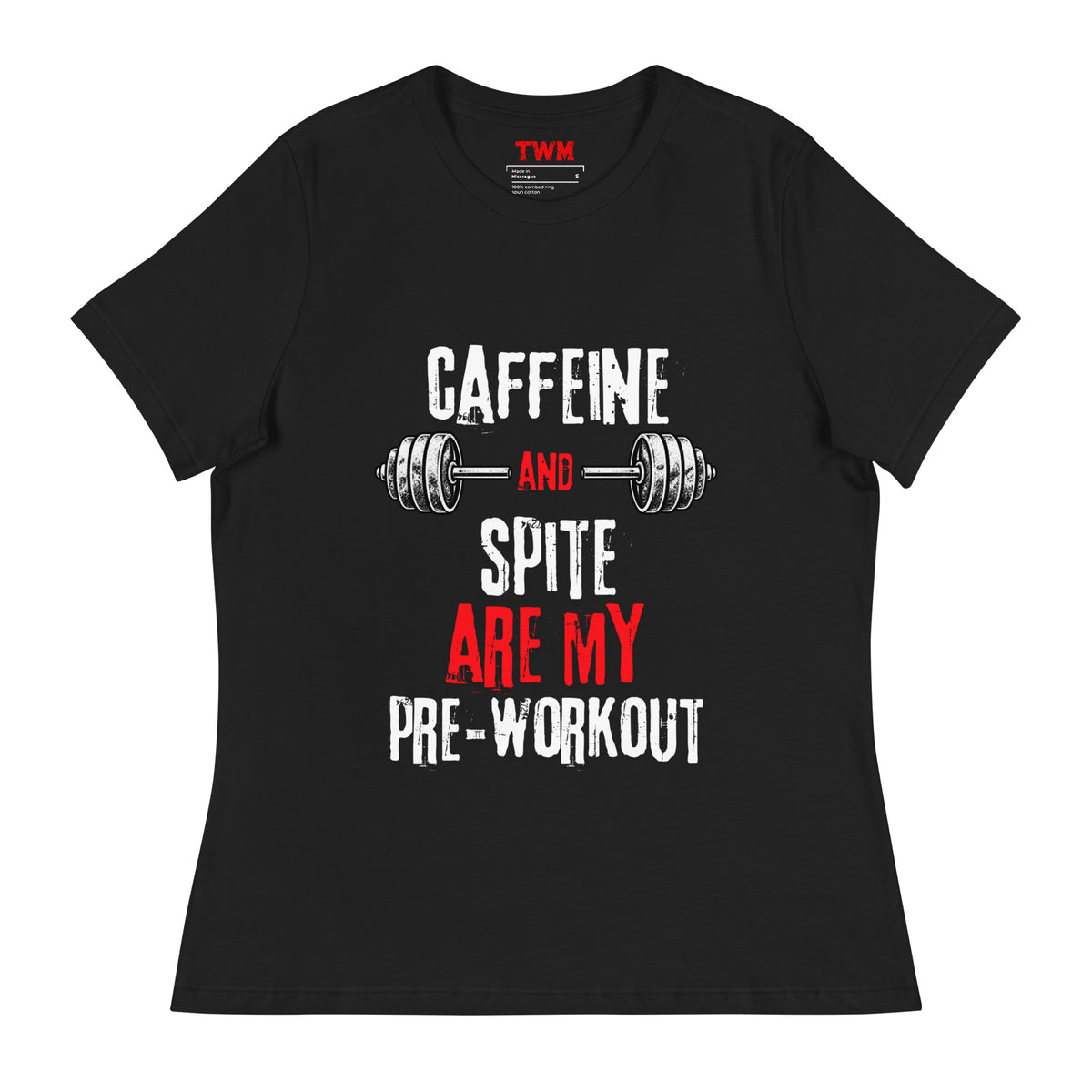 Black women’s relaxed T-shirt, front view with Caffeine And Spite gym design | The Wandering Manc